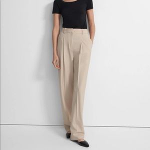 Theory Pleated Wide-Leg Pant in Good Wool Natural